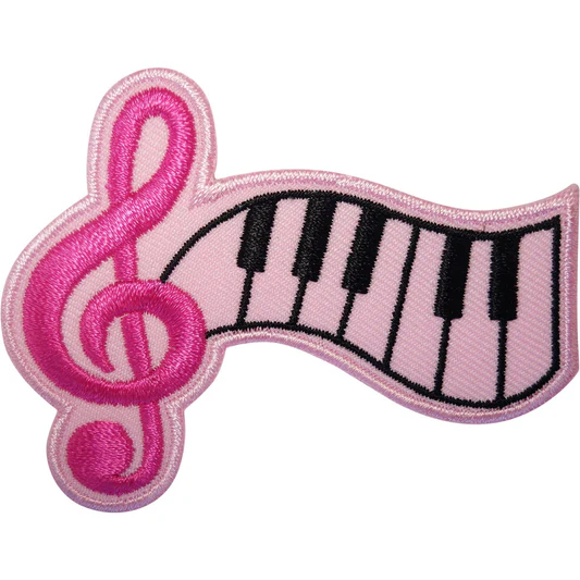 Digitizers Patch: pink-music-note-piano-keyboard-patch-iron-sew-on-clothes-bag-embroidered-badge